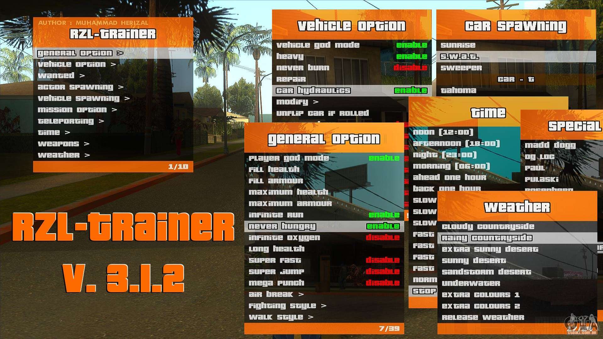 RZL-Trainer v3.1.2 - menu de trapaça como GTA 5 para GTA San Andreas